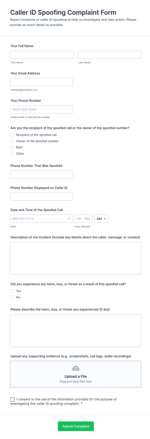 Caller ID Spoofing Complaint Form Template