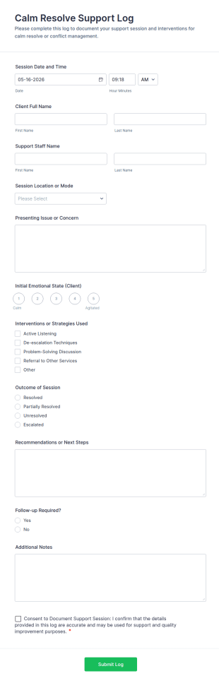 Calm Resolve Support Log Form Template