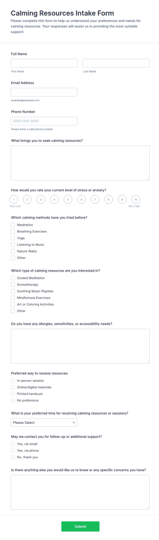 Calming Resources Intake Form Template
