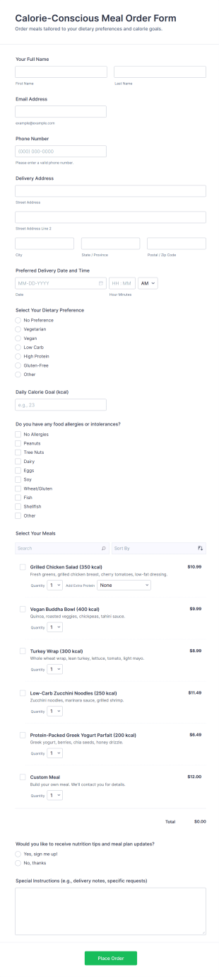 Calorie Conscious Meal Order Form Template