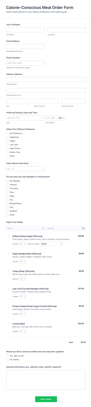 Calorie Conscious Meal Order Form Template