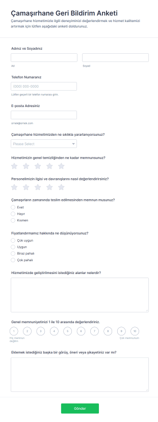 Çamaşırhane Geri Bildirim Anketi Form Şablonu