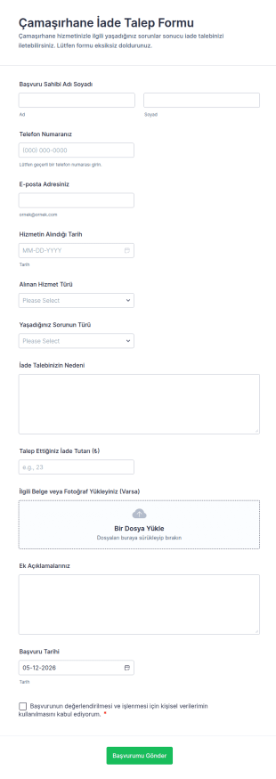 Çamaşırhane İade Talep Form Şablonu
