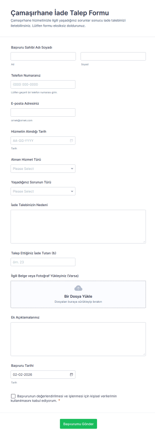 Çamaşırhane İade Talep Form Şablonu