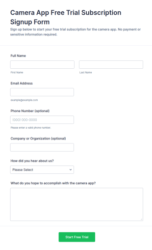 Camera App Free Trial Subscription Signup Form Template