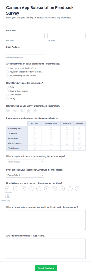 Camera App Subscription Feedback Survey Form Template