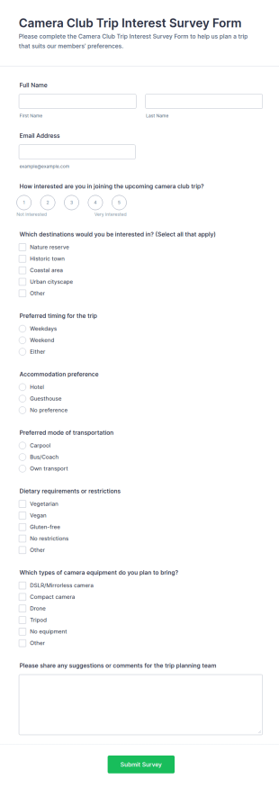 Camera Club Trip Interest Survey Form Template