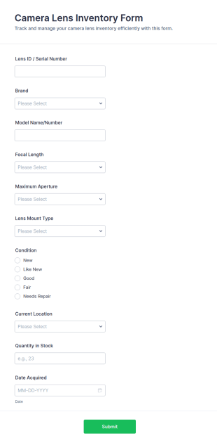 Camera Lens Inventory Form Template