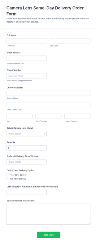 Camera Lens Same Day Delivery Order Form Template
