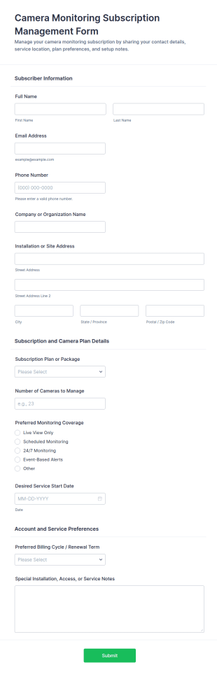 Camera Monitoring Subscription Management Form Template