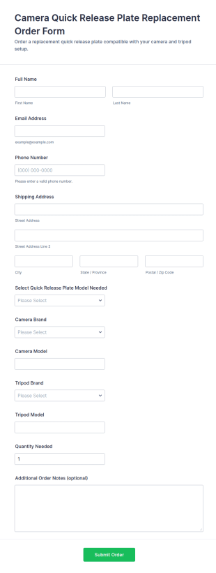 Camera Quick Release Plate Replacement Order Form Template