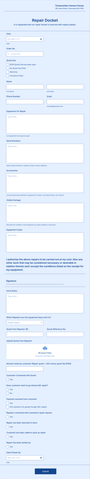 Camera Repair Request Form Template