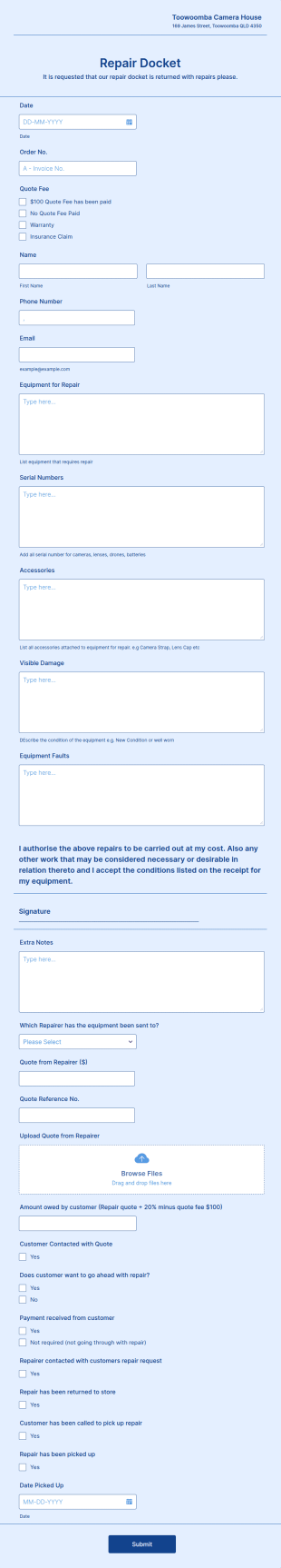 Camera Repair Request Form Template