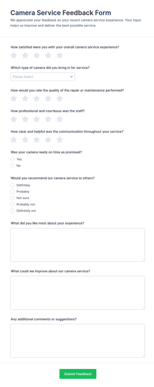 Camera Service Feedback Survey Form Template