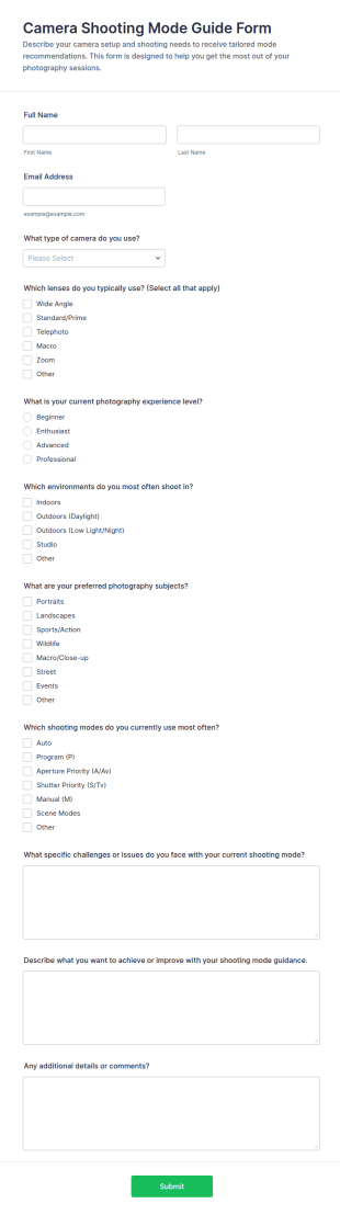Camera Shooting Mode Guide Form Template