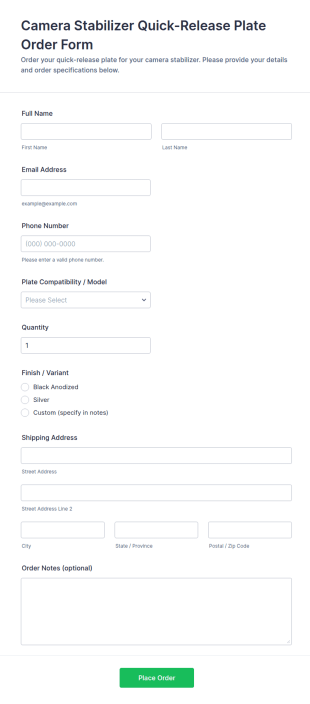 Camera Stabilizer Quick Release Plate Order Form Template