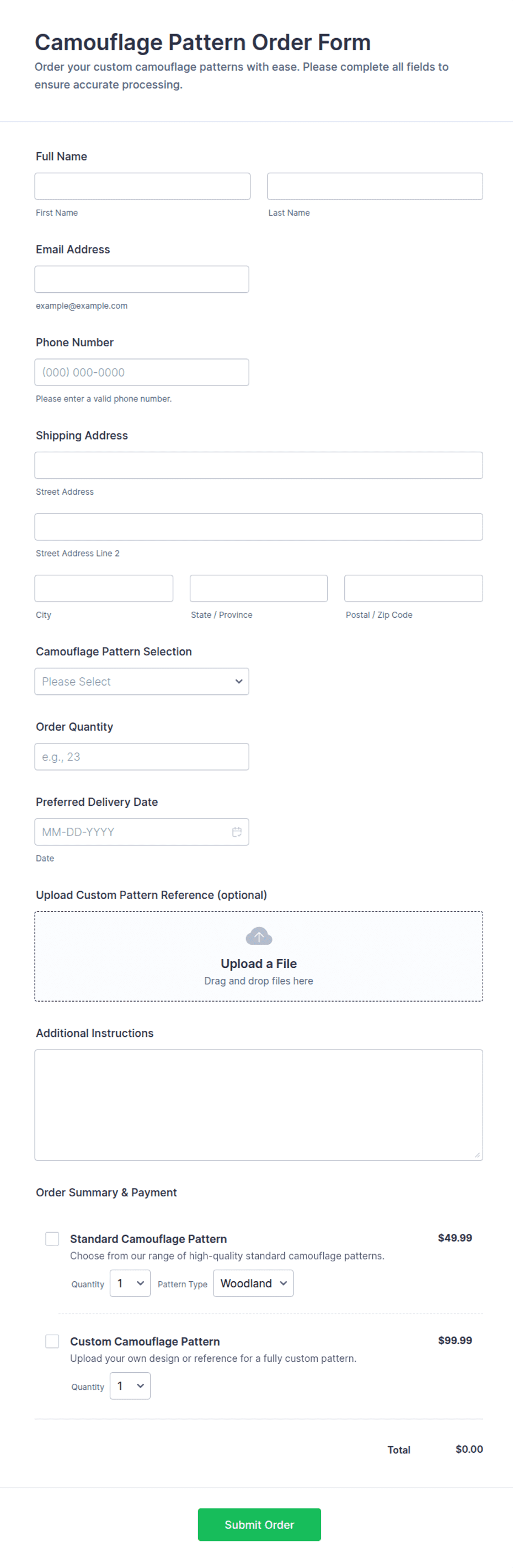 Camouflage Pattern Order Form Template | Jotform