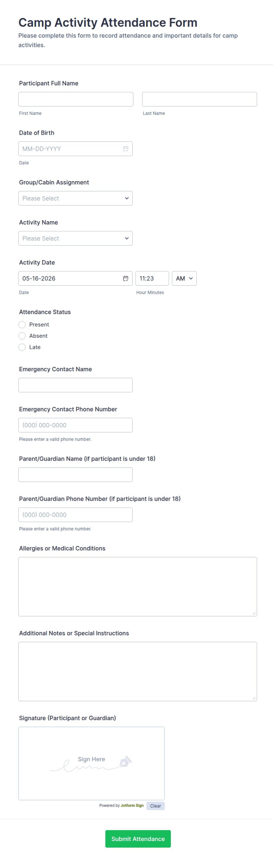 Camp Activity Attendance Form Template | Jotform