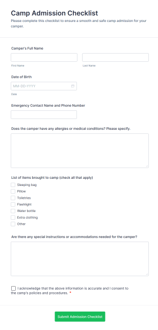 Camp Admission Checklist Form Template