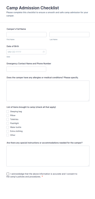 Camp Admission Checklist Form Template