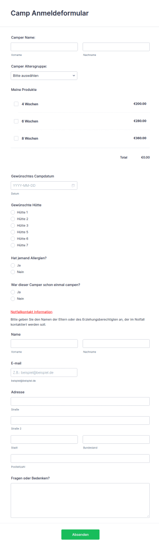 Camp Anmeldeformular PayPal Checkout