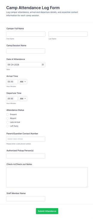 Camp Attendance Log Form Template