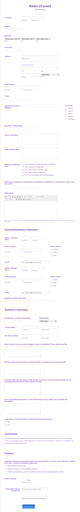 Camp Attendee Registration Form Template
