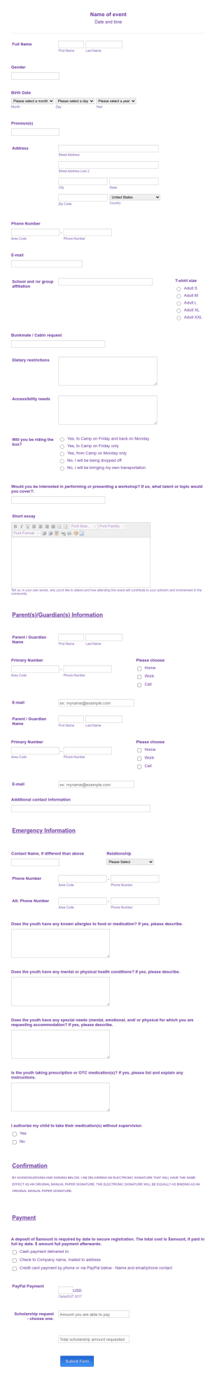 Camp Attendee Registration Form Template