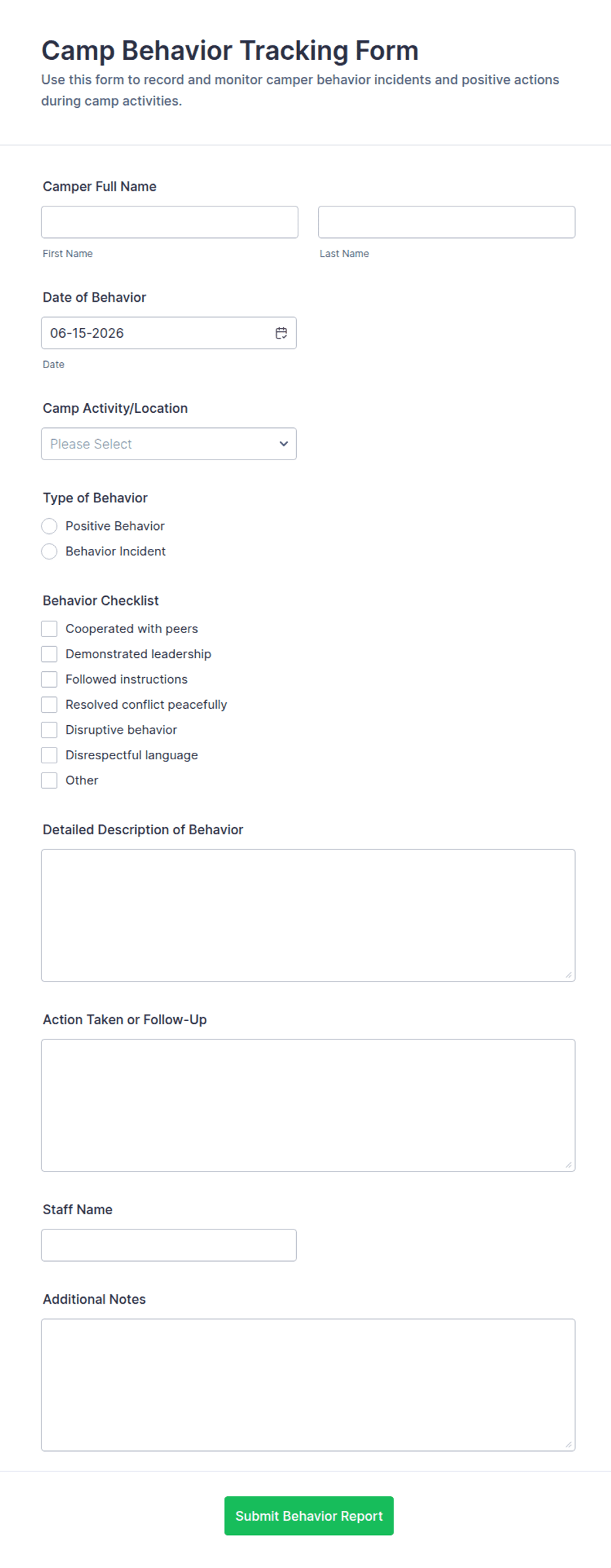 Camp Behavior Tracking Form Template | Jotform