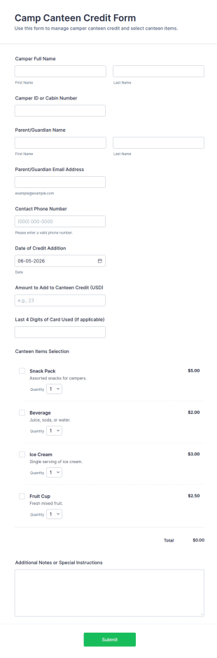 Camp Canteen Credit Form Template