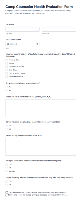 Camp Counselor Health Evaluation Form Template