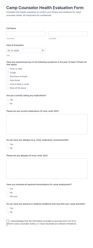 Camp Counselor Health Evaluation Form Template