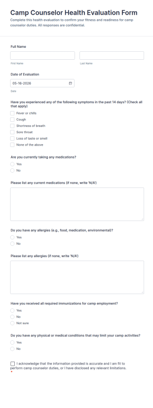 Camp Counselor Health Evaluation Form Template