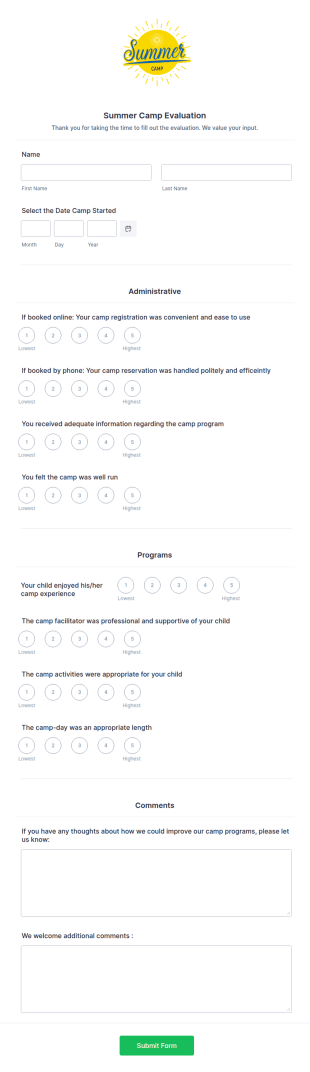 Camp Evaluation Form Template