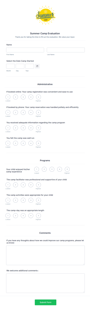 Camp Evaluation Form Template