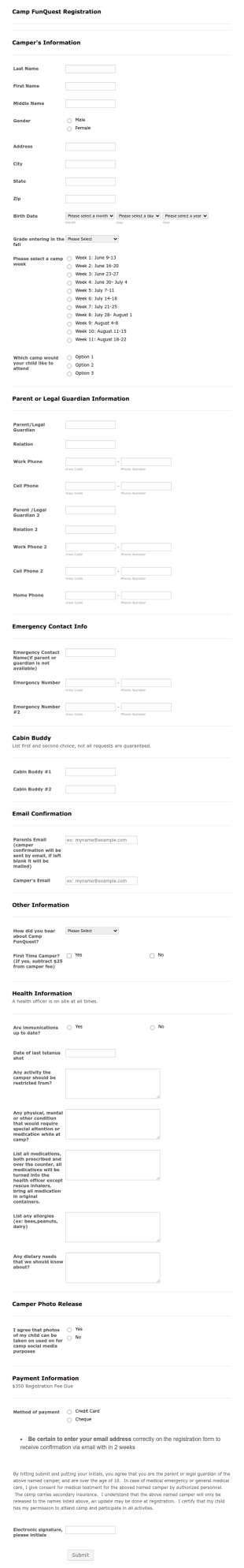 Camp Fun Quest Registration Form Template