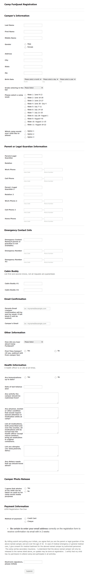 Camp Fun Quest Registration Form Template