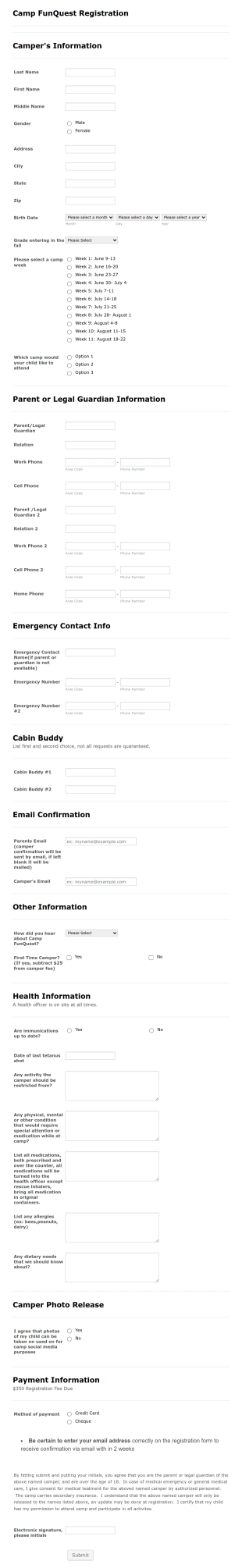 Camp Fun Quest Registration Form Template