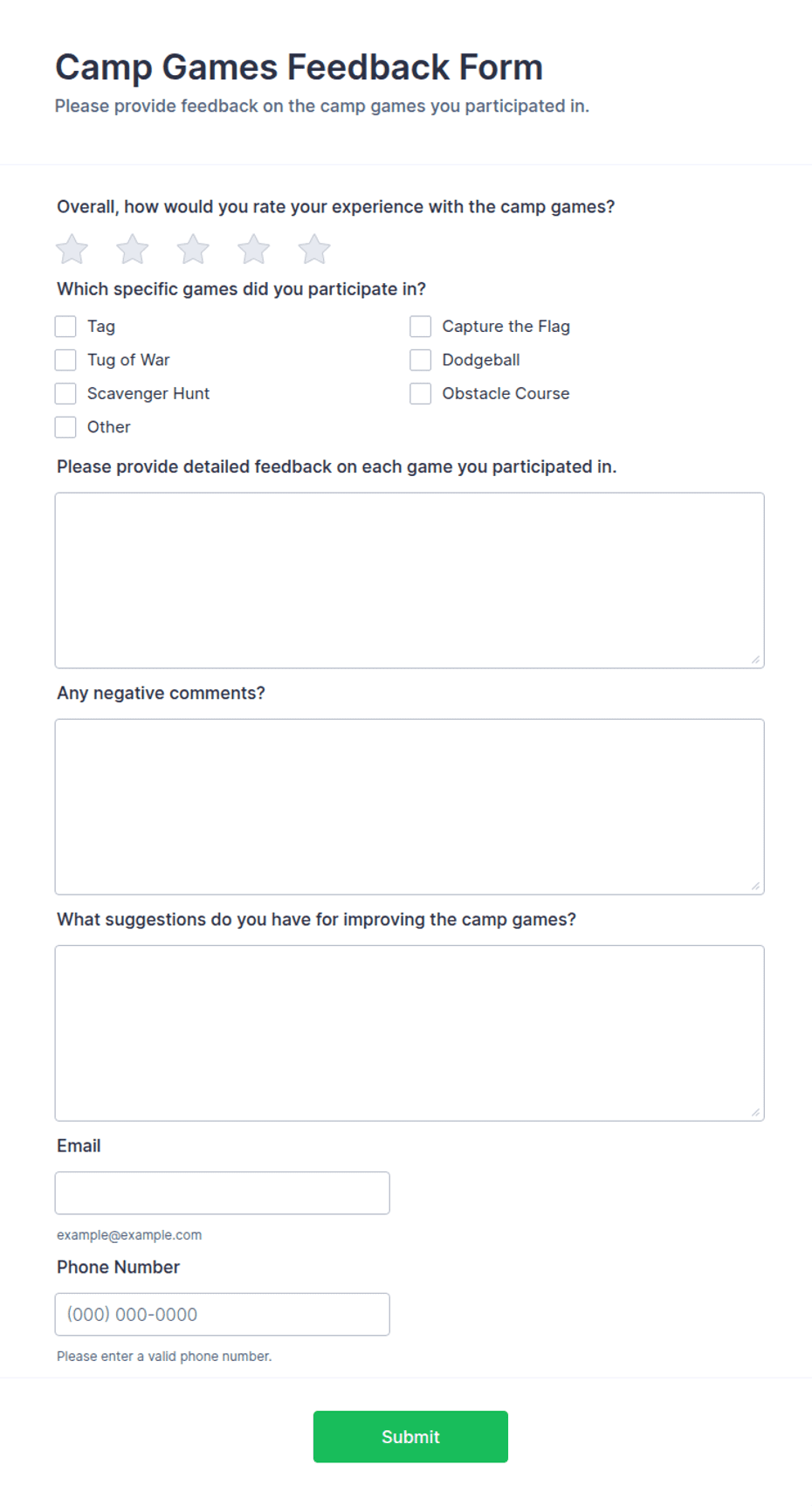 Game Feedback Questionnaire Camp Games Feedback Form Template | Jotform