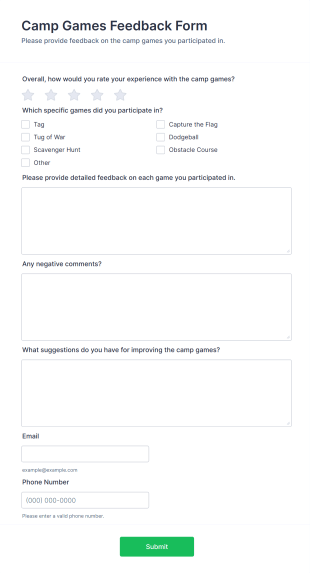 Camp Games Feedback Form Template