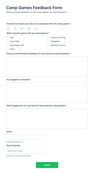 Camp Games Feedback Form Template