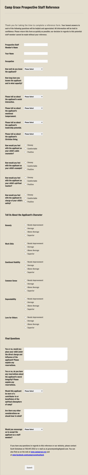 Camp Grace Prospective Staff Reference Form Template