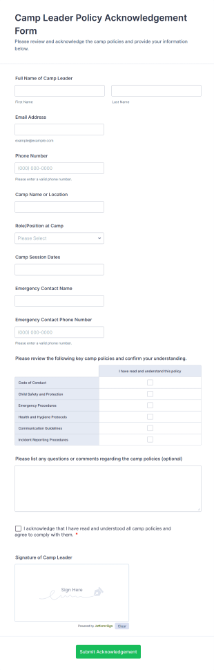 Camp Leader Policy Acknowledgement Form Template