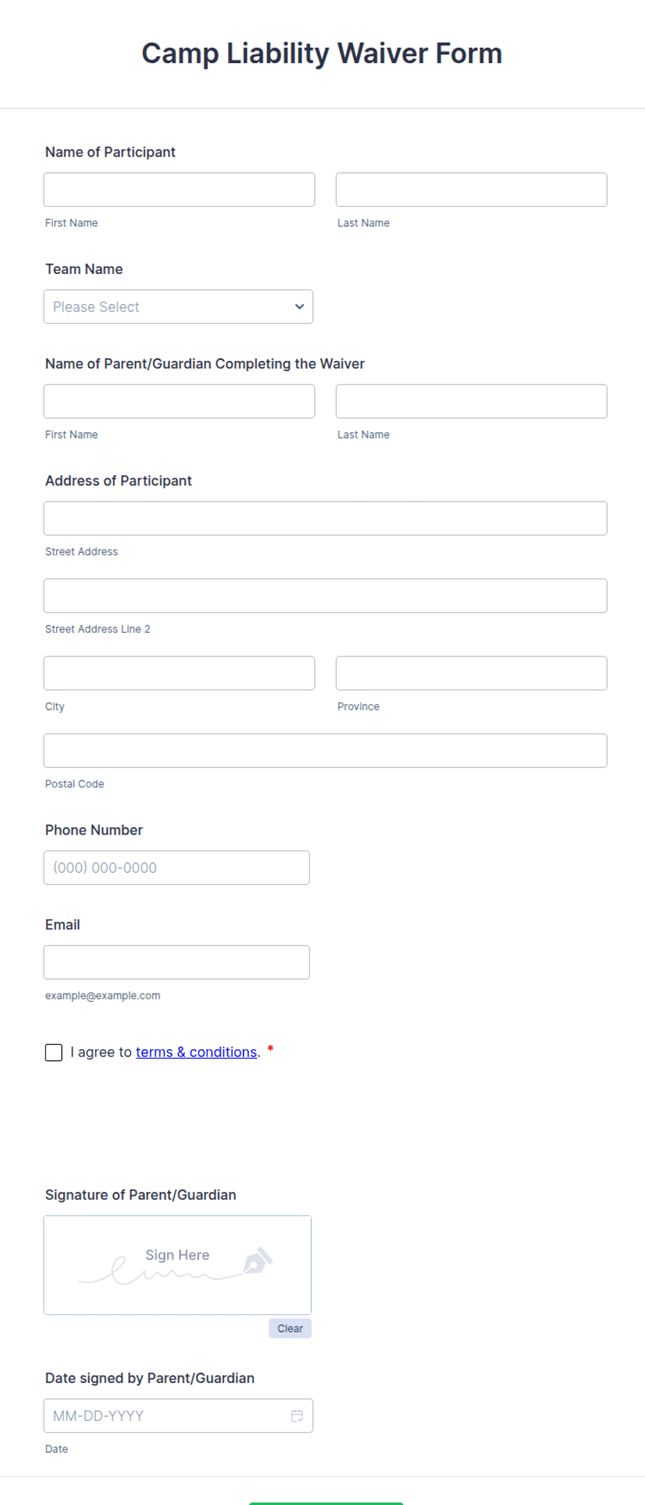 Camp Liability Waiver Form Template Jotform