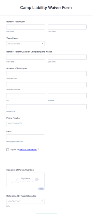 Camp Liability Waiver Form Template