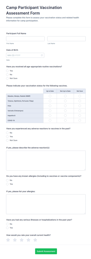Camp Participant Vaccination Assessment Form Template