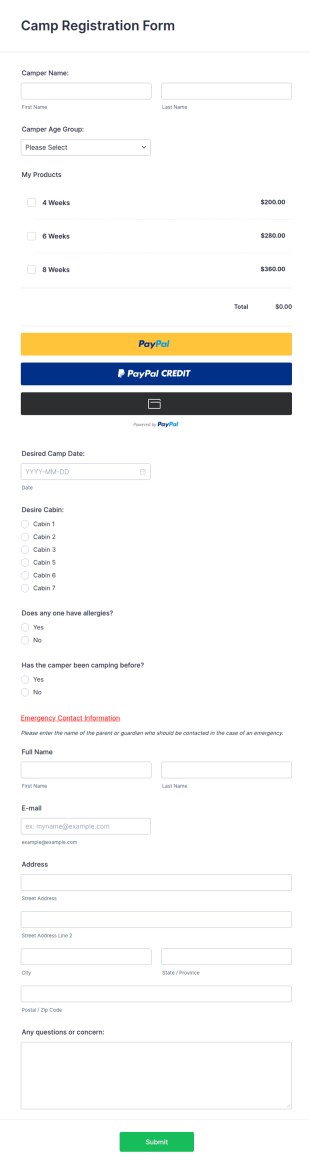 Camp Registration Form PayPal Checkout