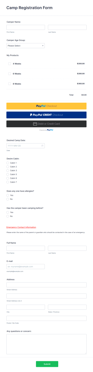 Camp Registration Form PayPal Checkout