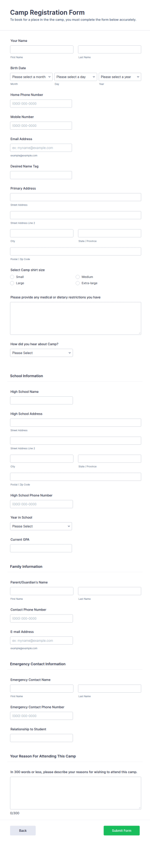 Camp Registration Form Template