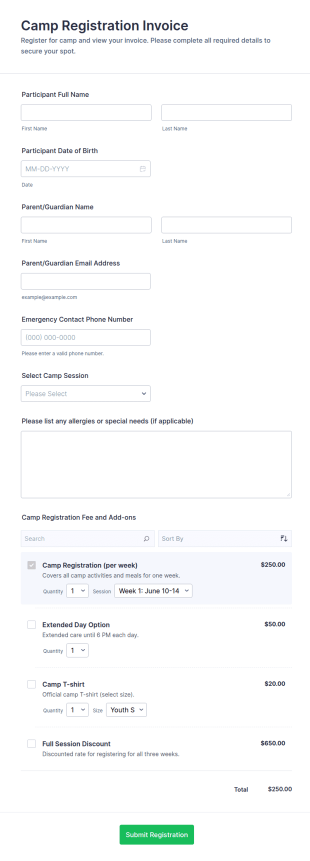 Camp Registration Invoice Form Template